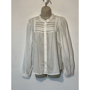 GAP Womens White Blouse Button Front Puff Sleeve Crochet Yoke Victorian Style M